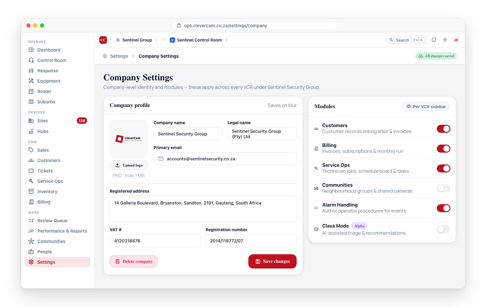 Company profile and modules.
