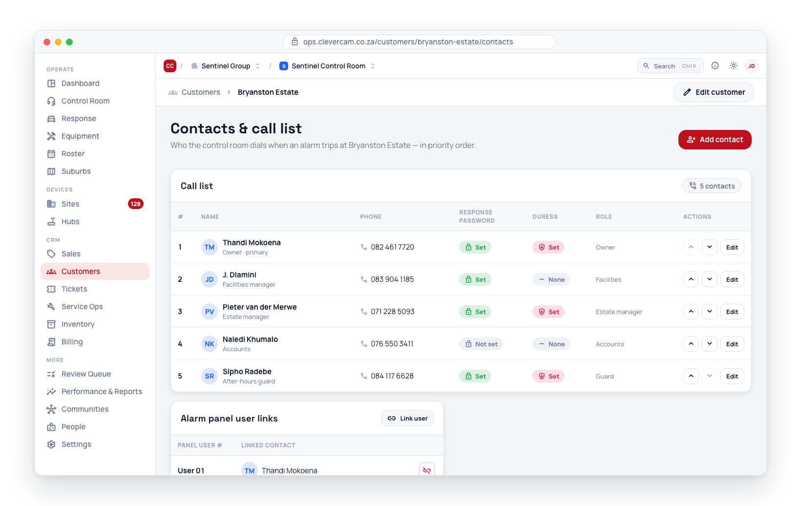 A customer call list and panel-user links.