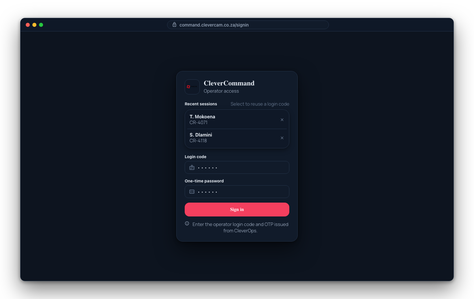 The CleverCommand sign-in screen — operators enter their Login ID and login code to enter the control room.