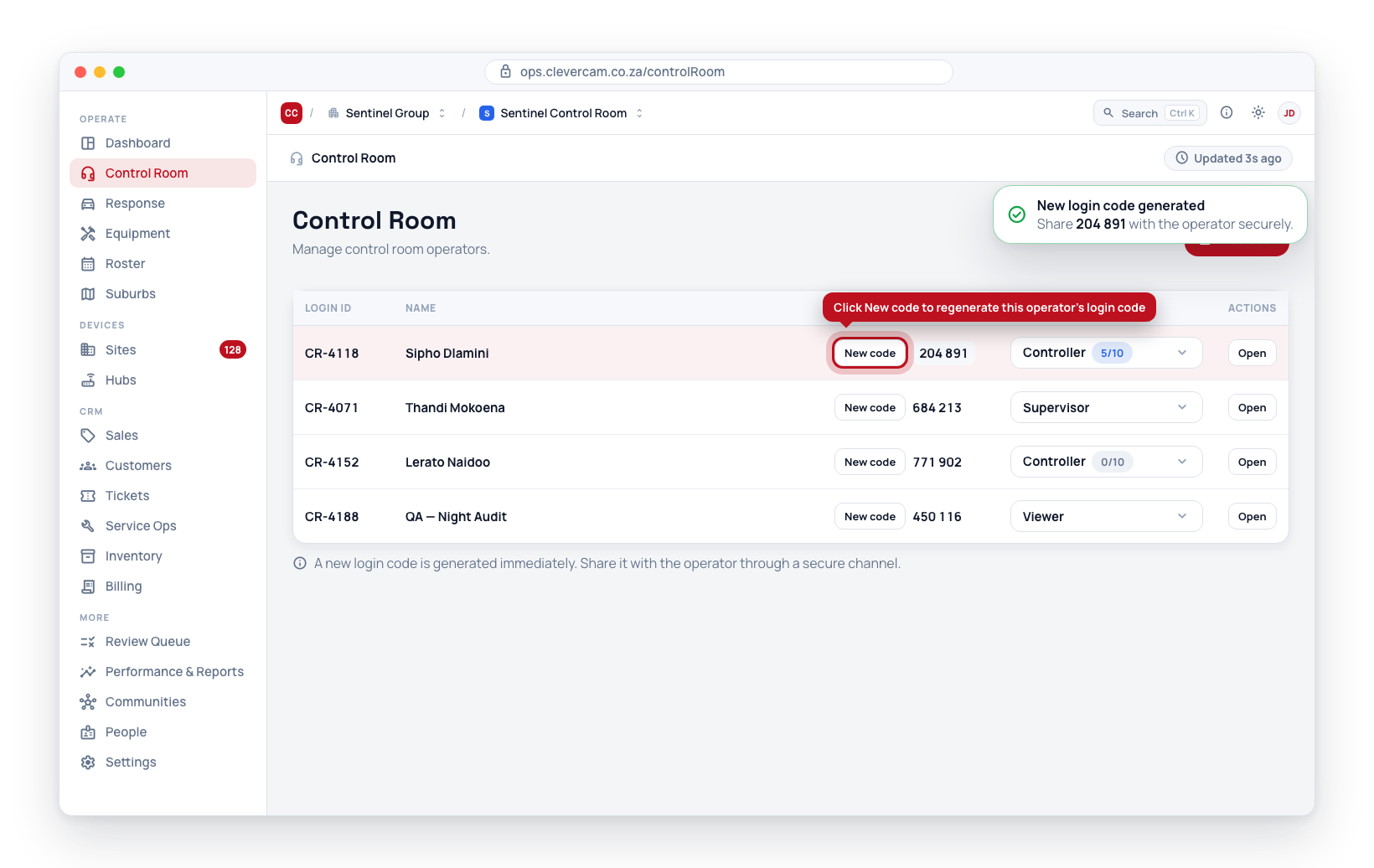 Clicking New code in the Login code column regenerates that operator's code instantly.