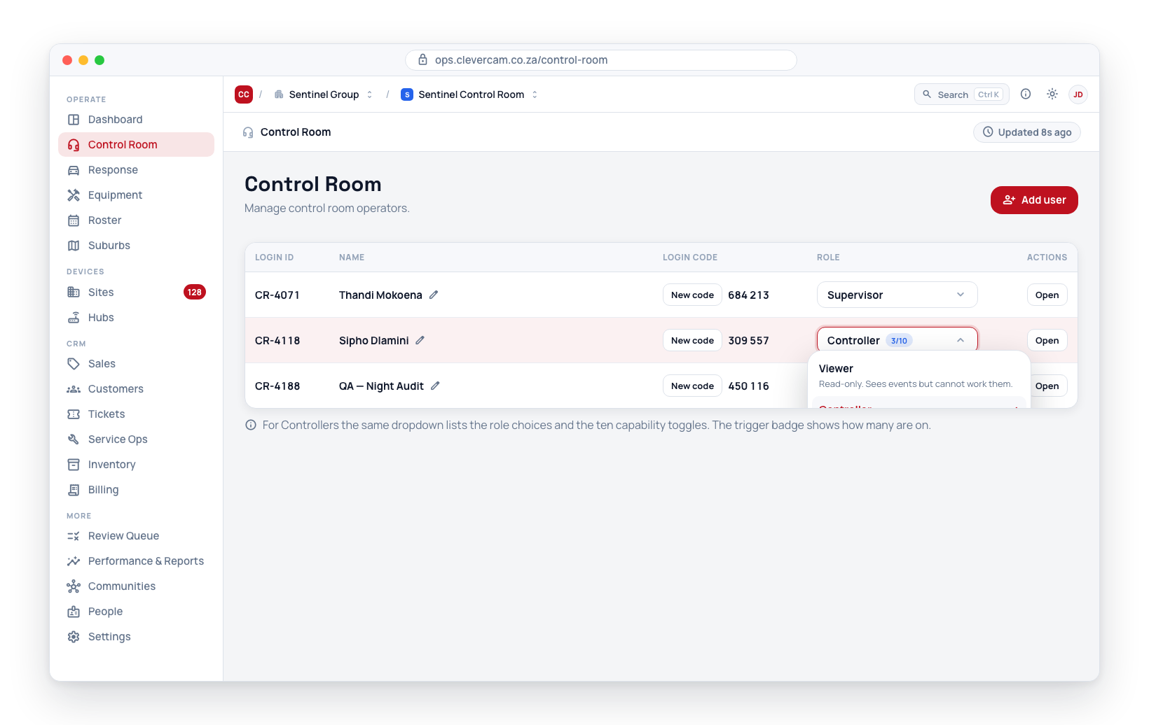 The open Role dropdown: pick Viewer / Controller / Supervisor, and for Controllers toggle the individual capabilities below.