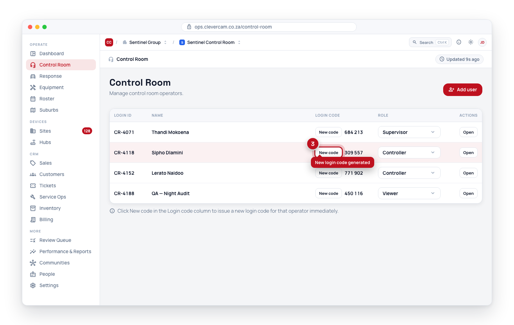 Clicking New code in the Login code column issues a fresh code for that operator.