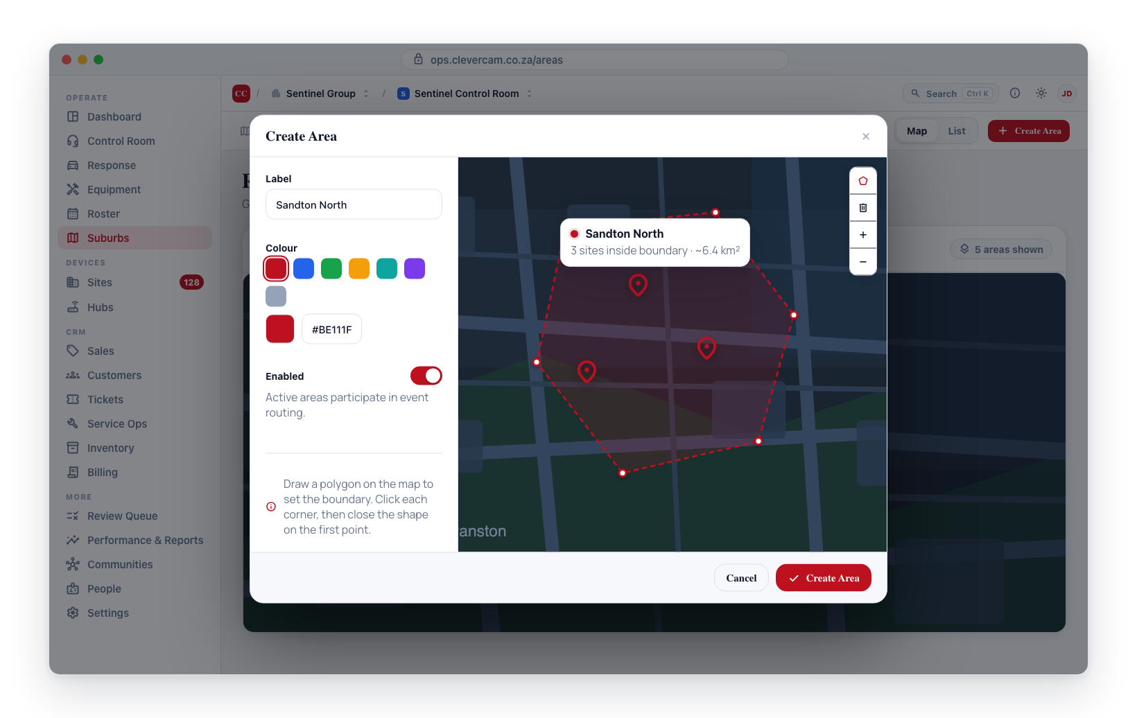 Response suburbs define which sites and units share a dispatch zone — check both are in the same suburb.