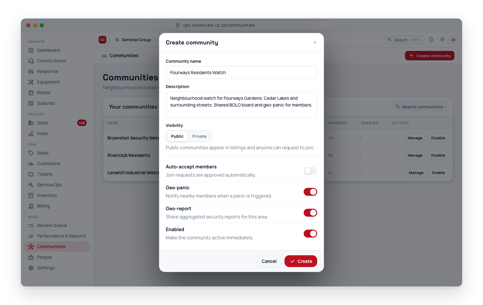 The Create Community dialog — name, description, visibility, and the Enabled toggle.