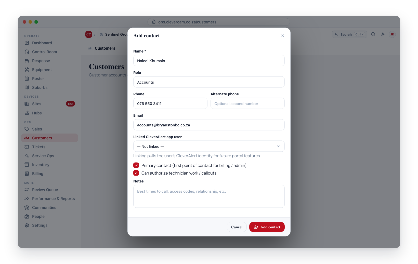 The Add contact form — name, role, phone numbers, email, preferred language, app-user link, primary and authorize-work toggles, availability windows, and notes.