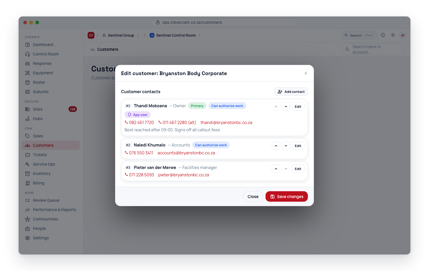 The Contacts & notification preferences card on the customer's Sites & contacts tab — each contact as a card with badges and supervisor controls.