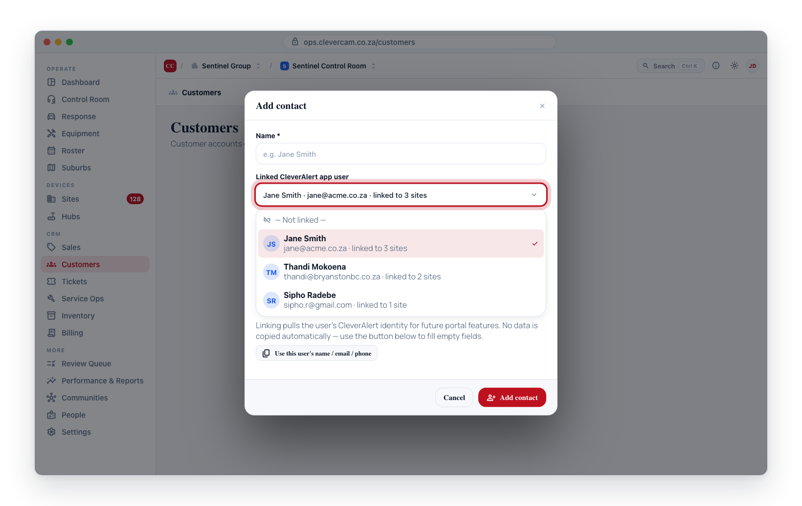 The Linked CleverAlert app user picker open — only users connected to this customer's sites, with the one-time autofill button below.