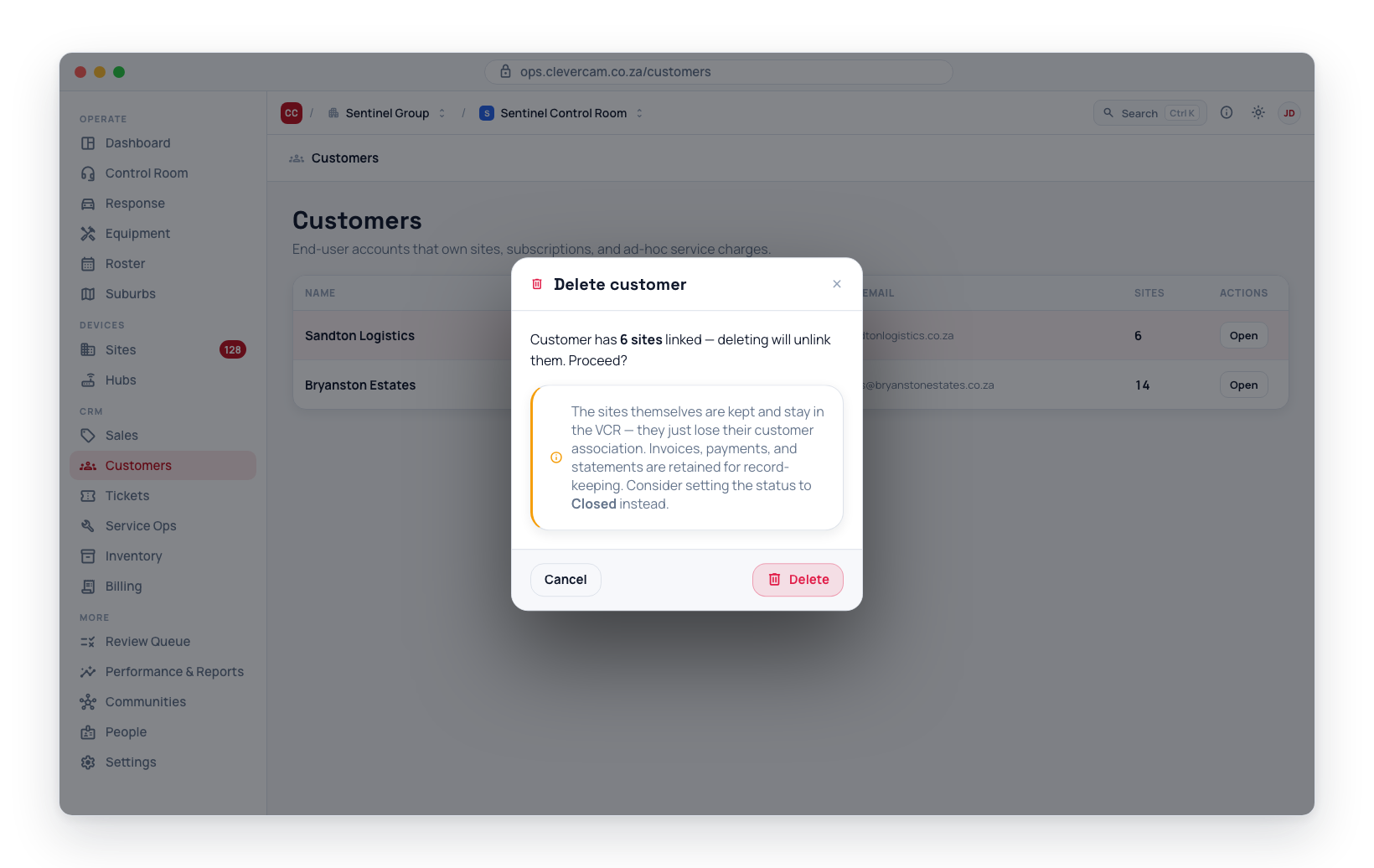 The Danger zone under Overview → Edit details — Delete customer is blocked while the customer has invoices, and confirms that sites are unlinked, not deleted.
