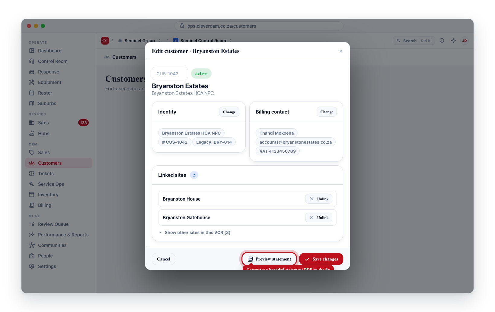 The customer detail page — Overview, Sites & contacts, Quotes, Jobs, Tickets, Activity, Billing, and Documents tabs.