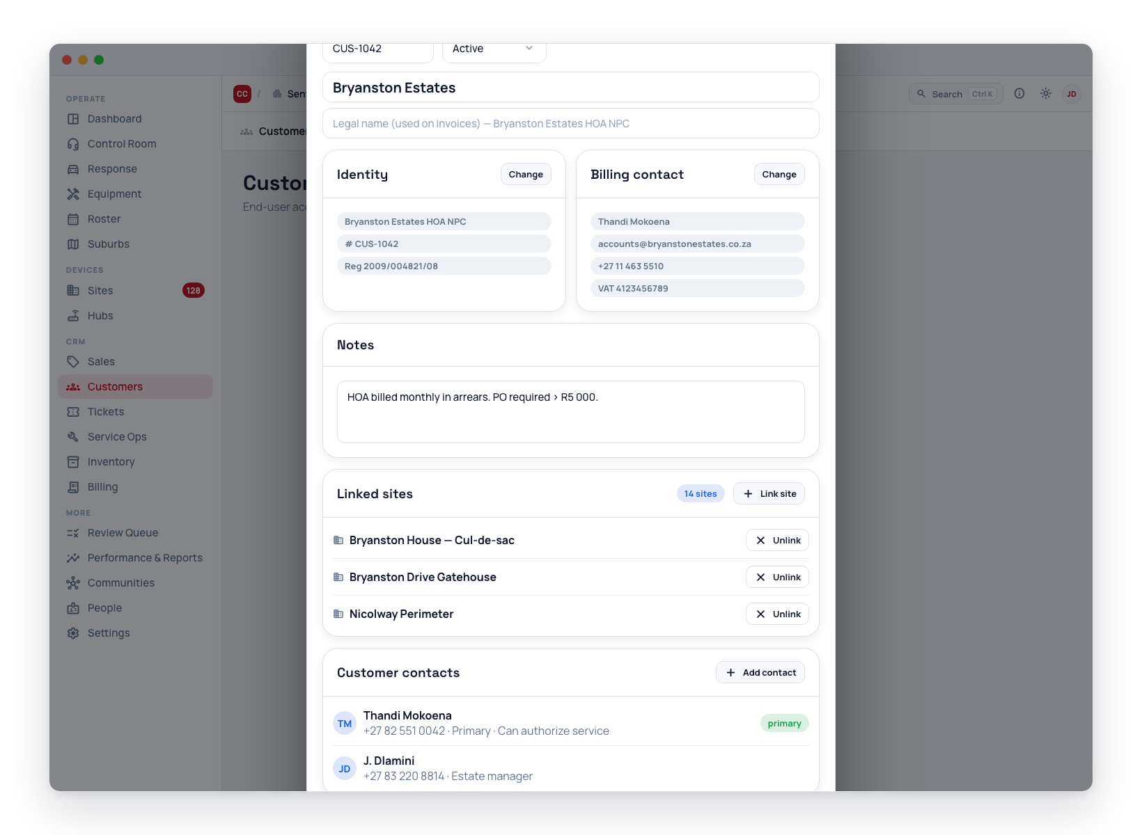 The customer detail page, opened by clicking a row -- Overview, Sites & contacts, Quotes, Jobs, Tickets, Activity, Billing, and Documents tabs.