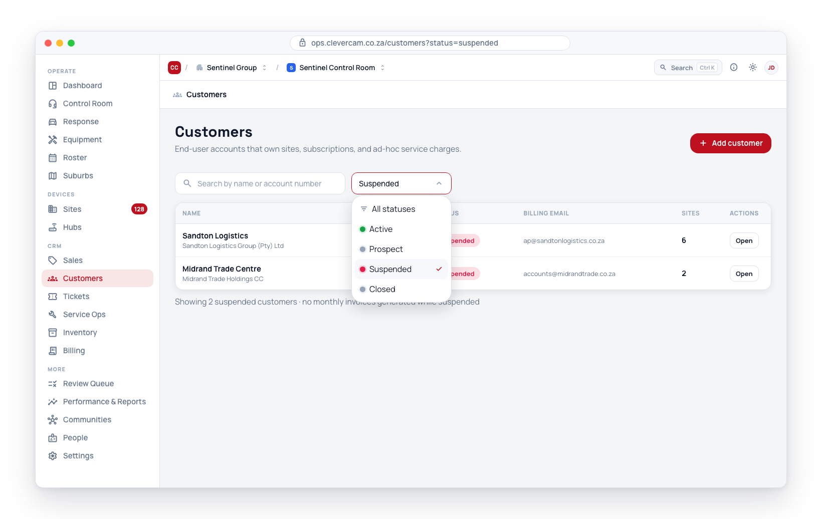 Filtering the customer list by status -- here narrowed to Suspended accounts.