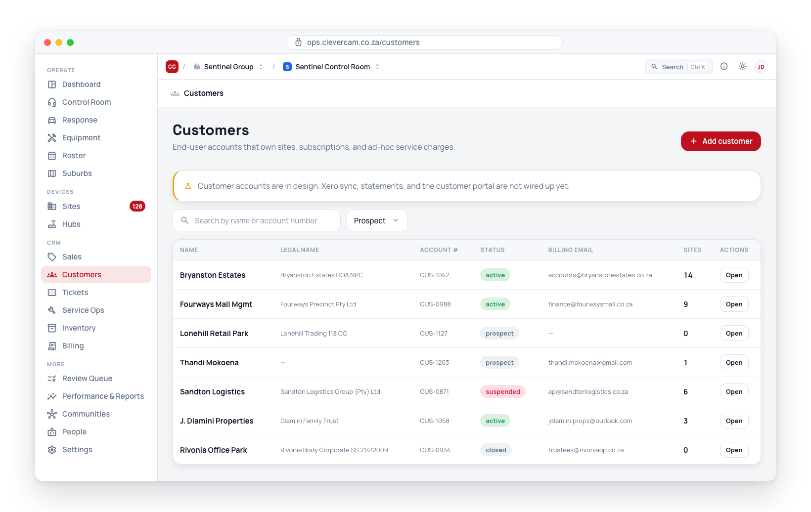 The Customers page filter bar: a search box plus a status dropdown above the accounts table.