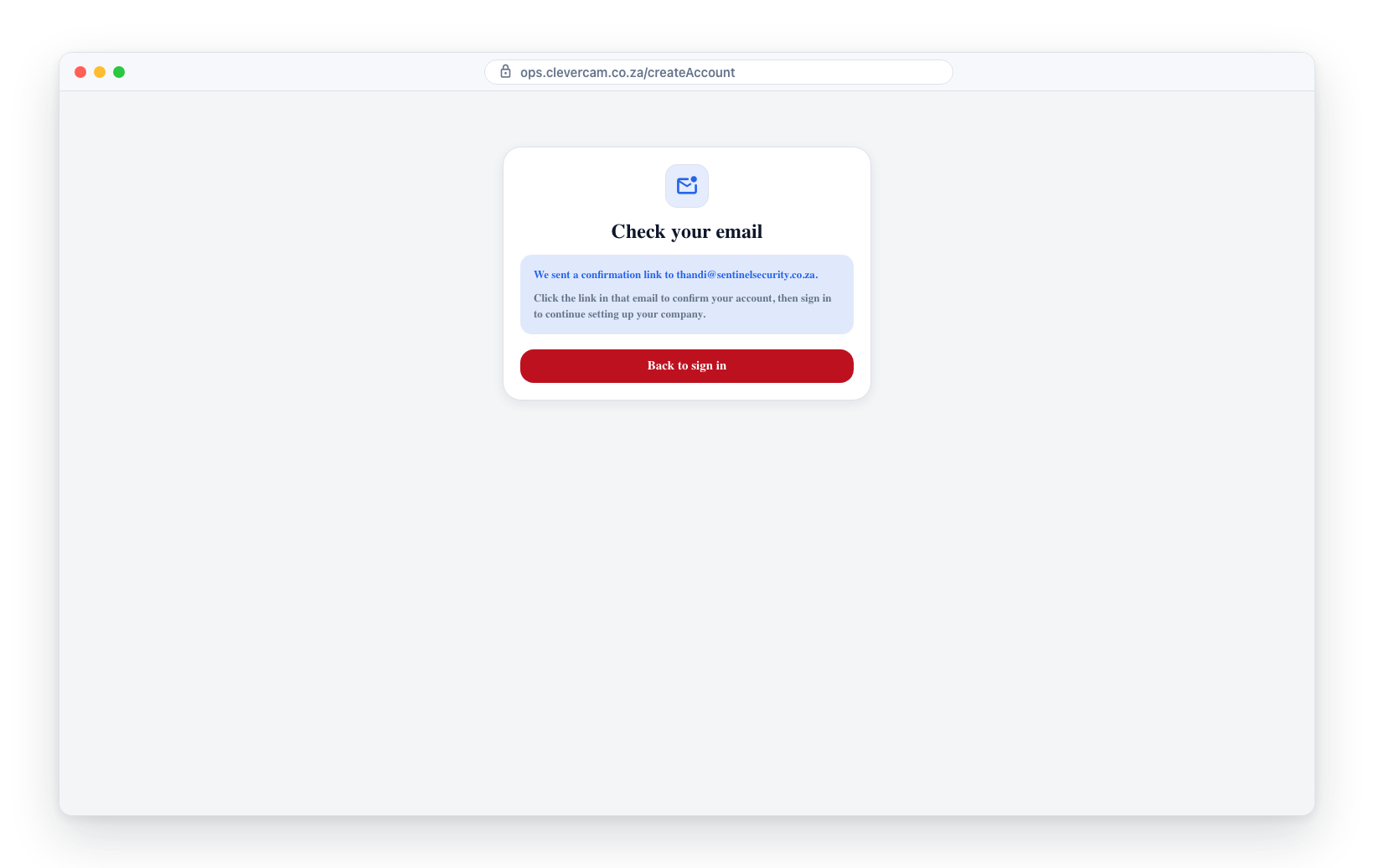 The Check your email state: confirm the link sent to your address, then sign in to continue company setup.