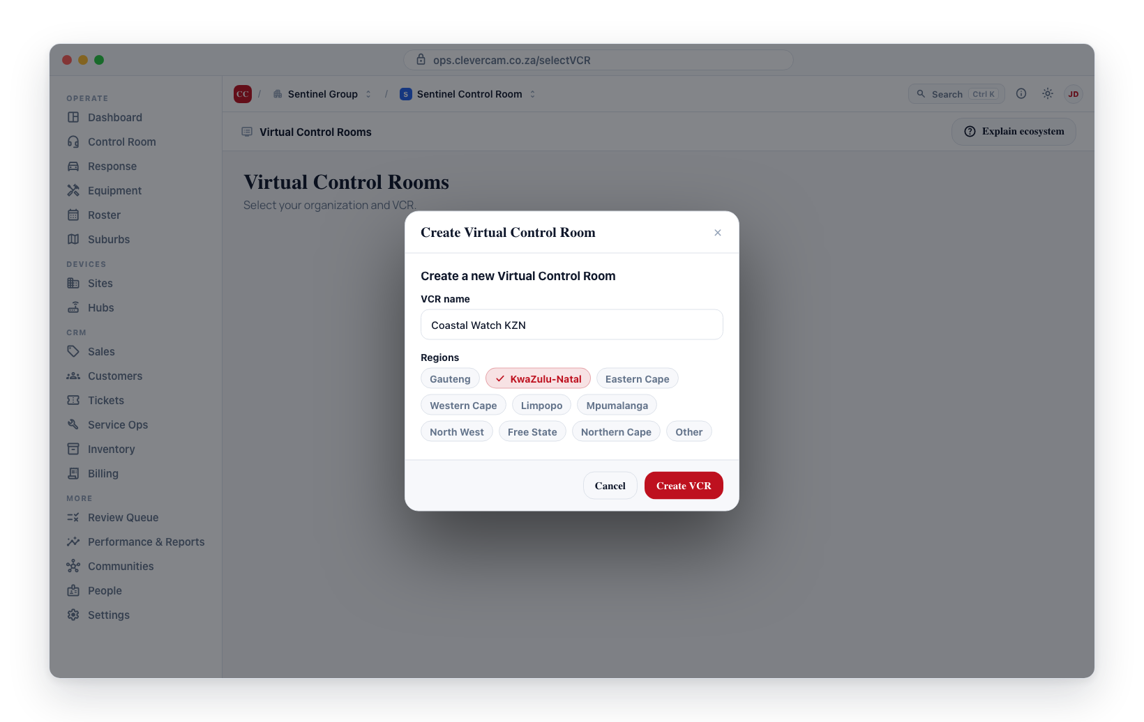 The Create a control room dialog: enter the Control room name and select its provinces, then click Create control room.