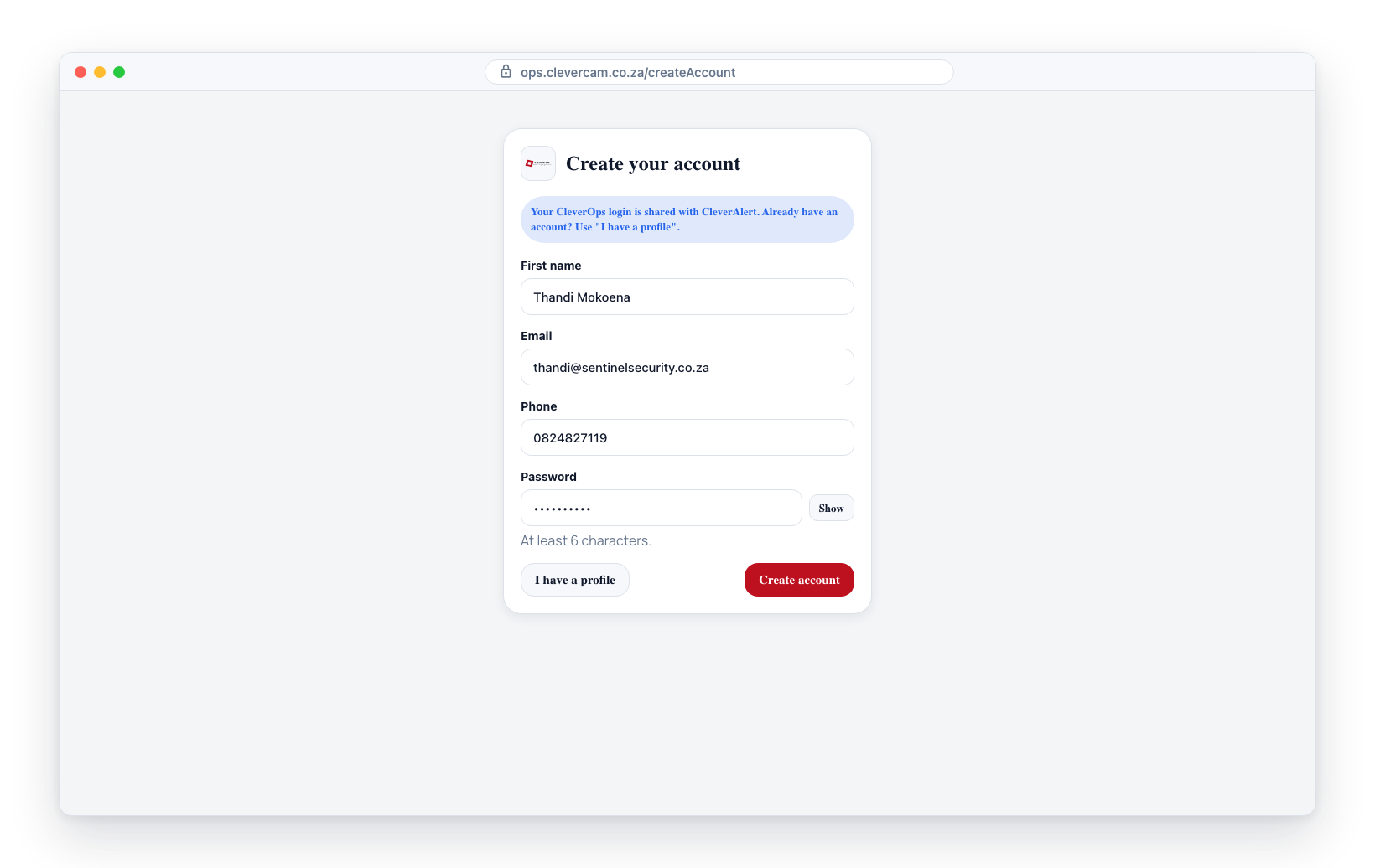 The Create your account screen: first name, email, phone and password, with an I already have an account shortcut to sign-in.