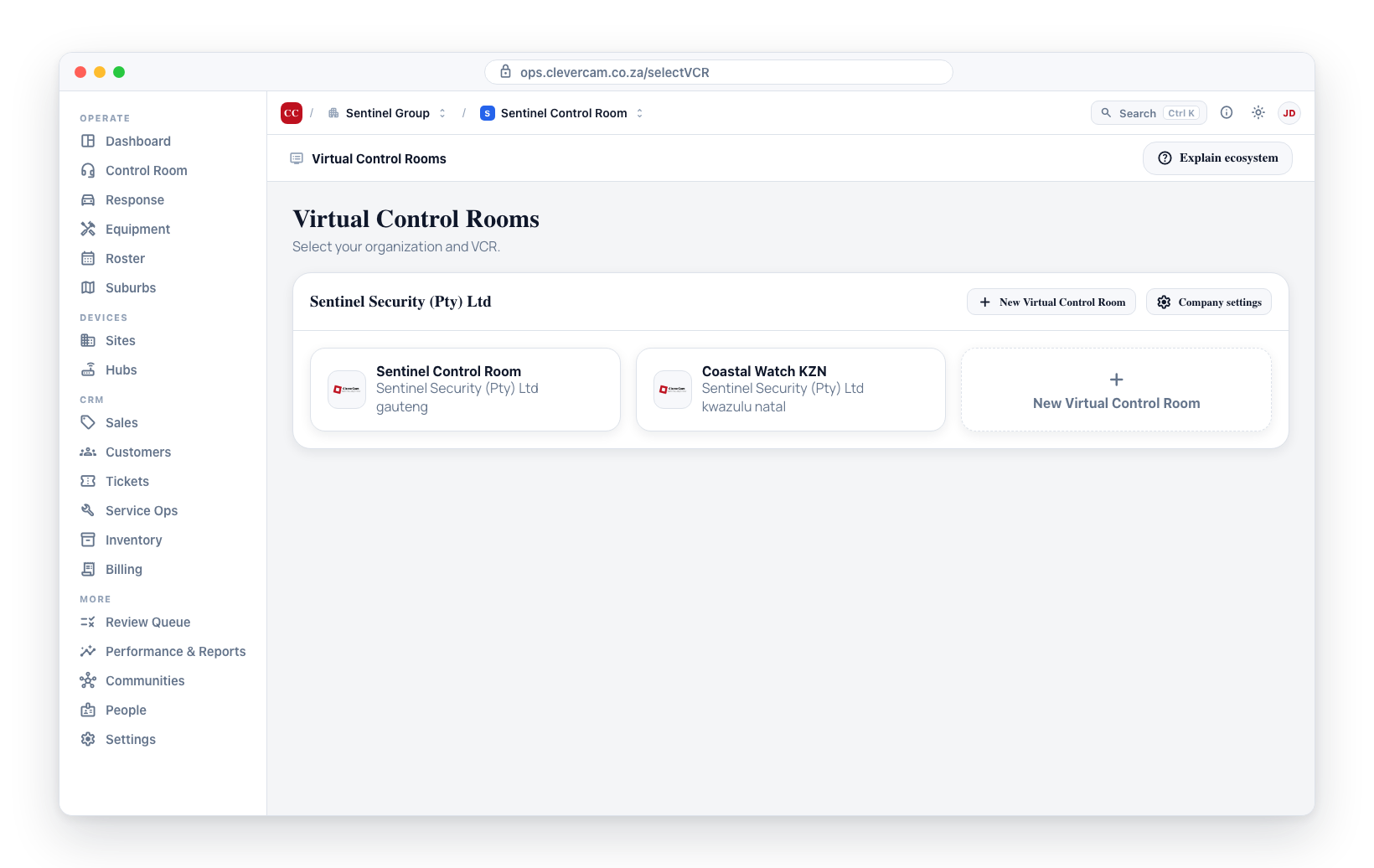 The Virtual Control Rooms selection screen: each company card lists its control rooms -- click one to open its dashboard, or use New control room / Company settings.