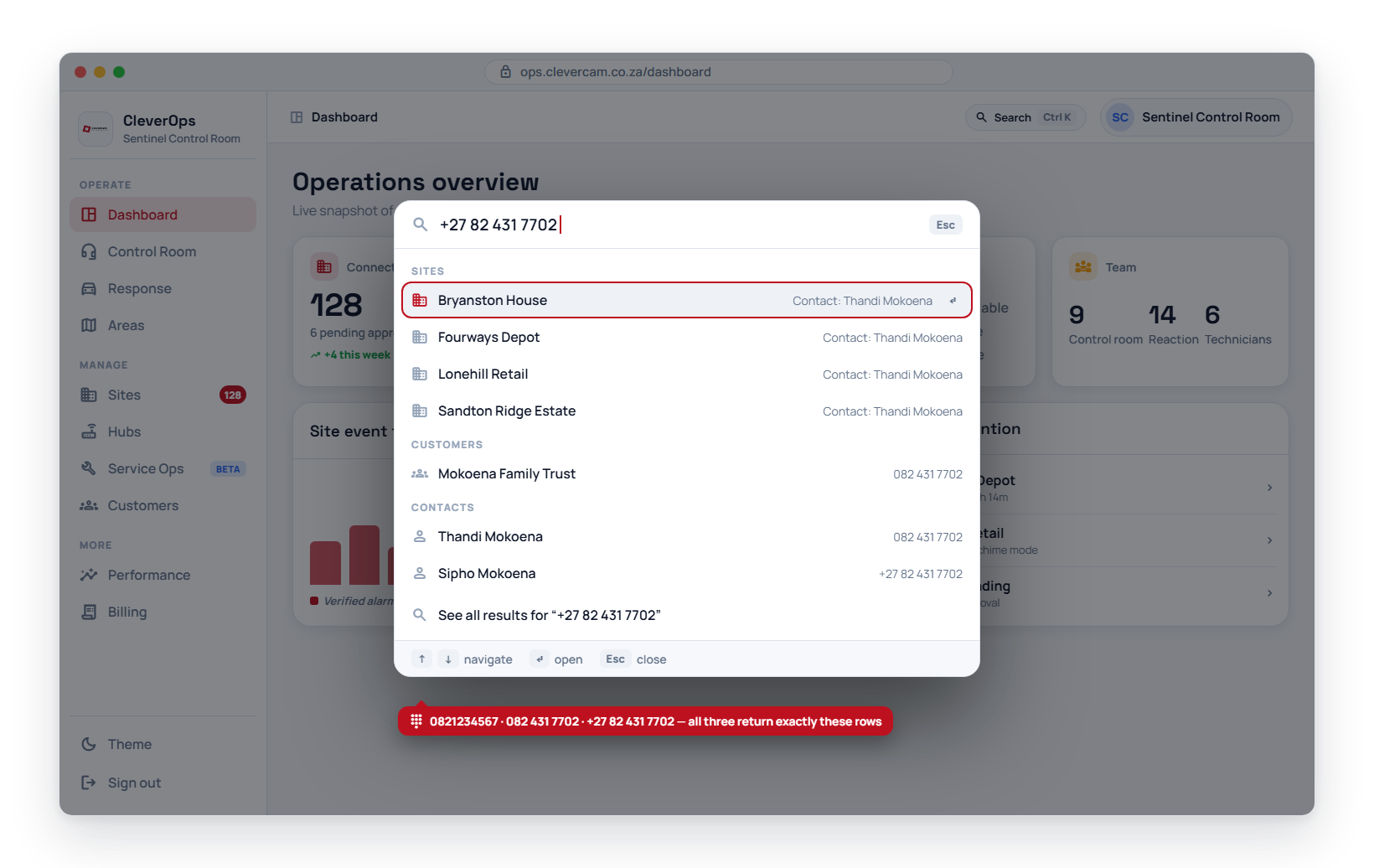 The quick switcher, opened on a phone number. Results are grouped by type in a fixed order — Sites, then Customers, then Contacts — and the muted text on the right of each row is why that row matched, not a description of the record.