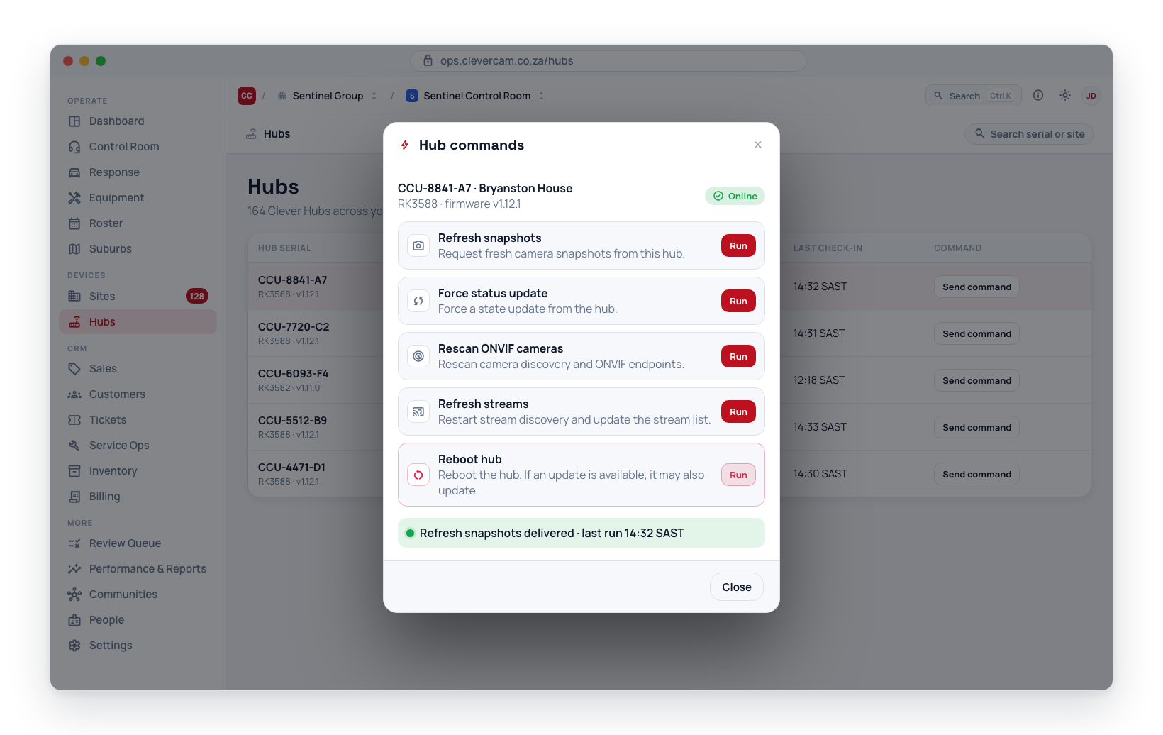 Force Status Update, Refresh Streams and Reboot hub all live in the hub commands menu.