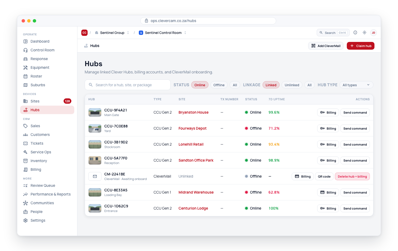 Clicking the Hubs & Uptime card opens the Hubs page with per-hub status and uptime.