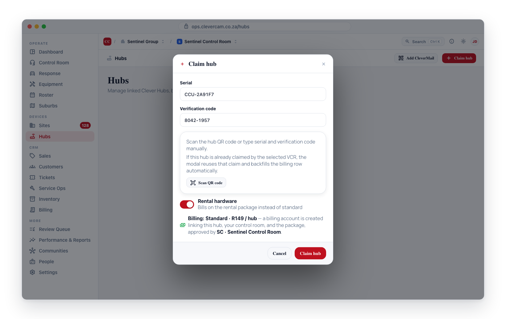 Claiming a hub creates its billing account — selecting the package (or Rental) sets the price, and the claim records who approved it.