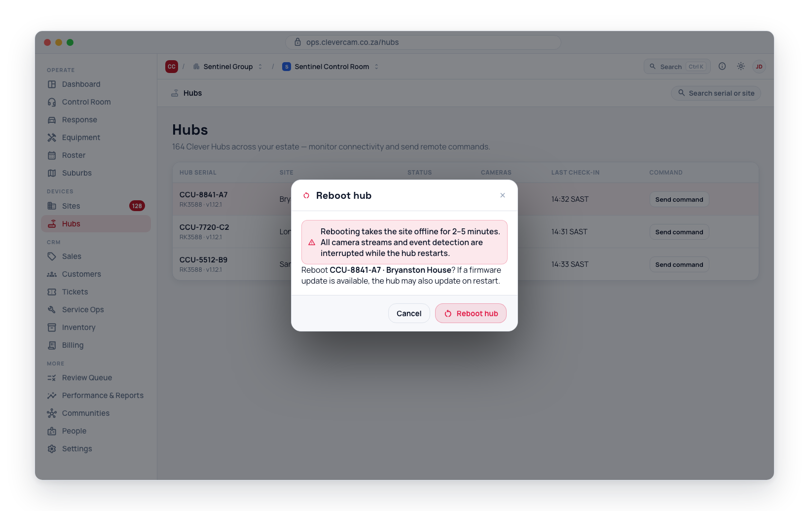Confirming a hub reboot before it is sent.