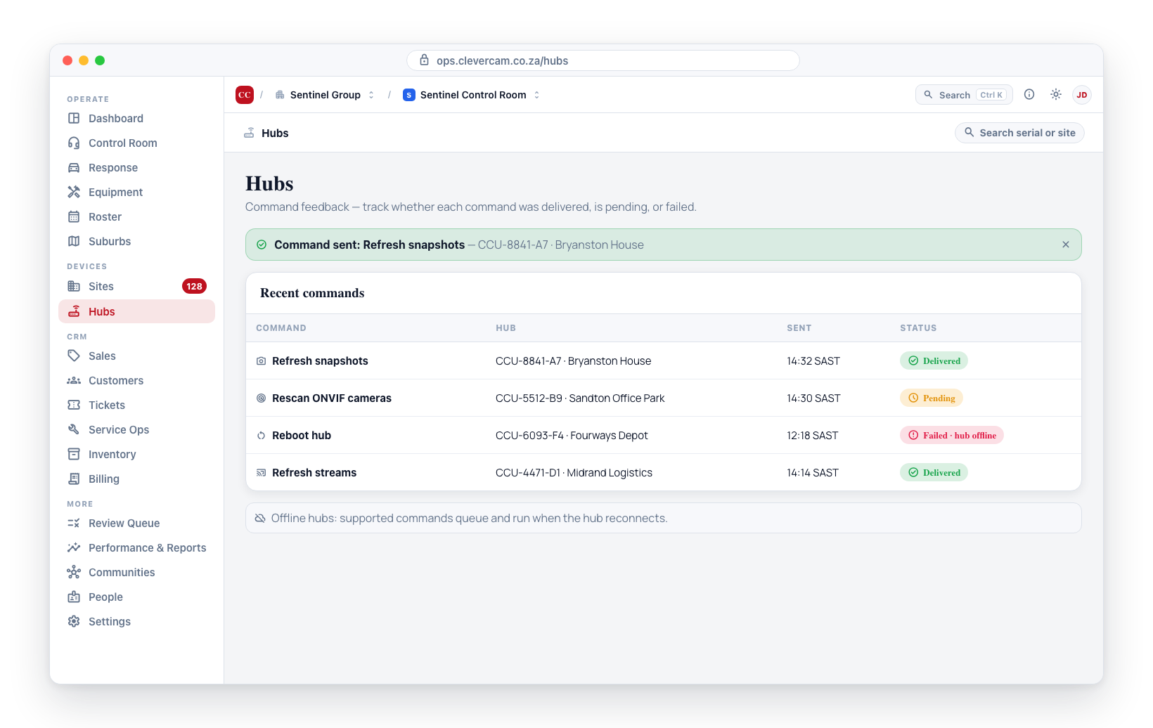Command feedback showing delivered, pending, and failed states.