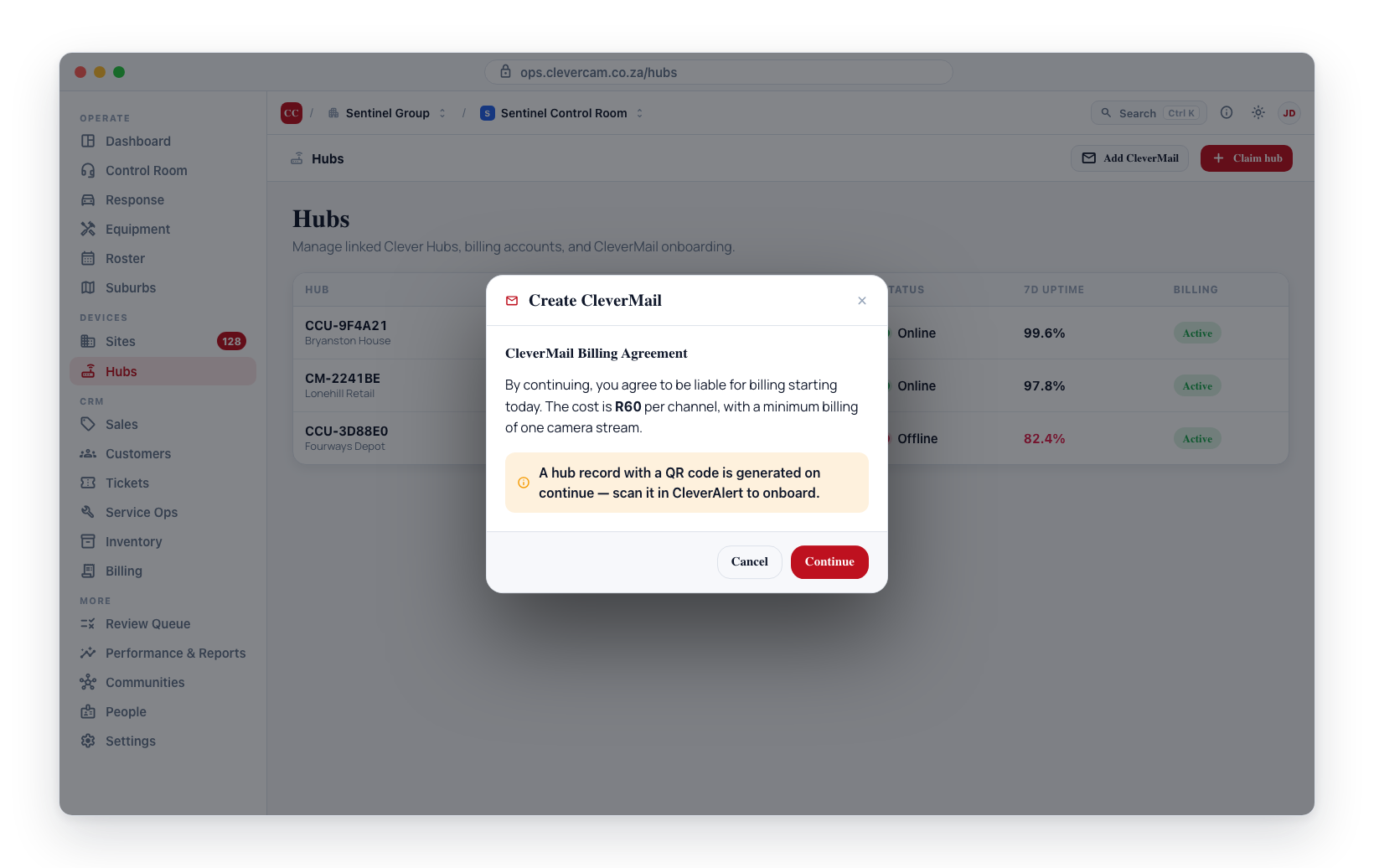 Add CleverMail opens the billing-agreement dialog; on Continue it generates a hub record with a QR code for onboarding.
