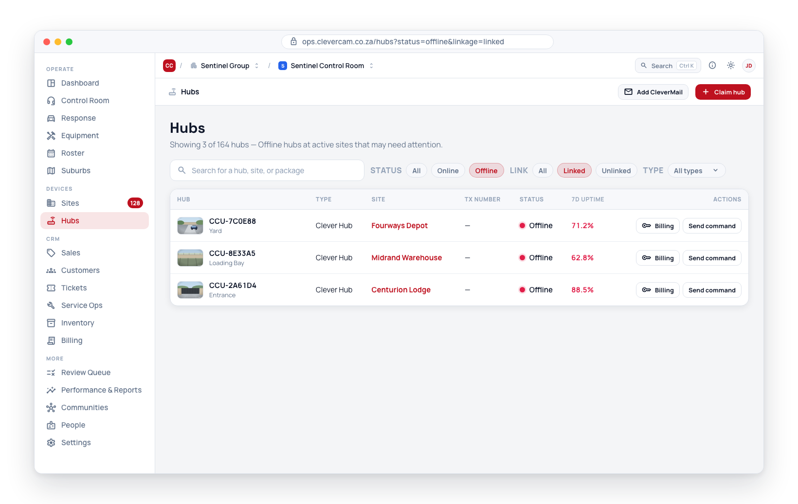 Filtering by Offline + Linked surfaces only the hubs at active customer sites that have lost connectivity.