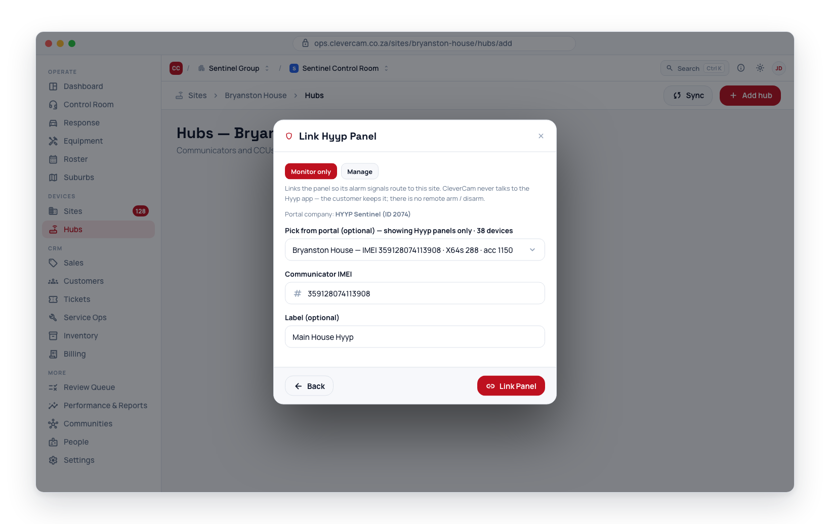 The Hyyp step opens on Monitor only — switch to Manage for remote arm / disarm, then enter the communicator IMEI, label and (for Manage) the master PIN.