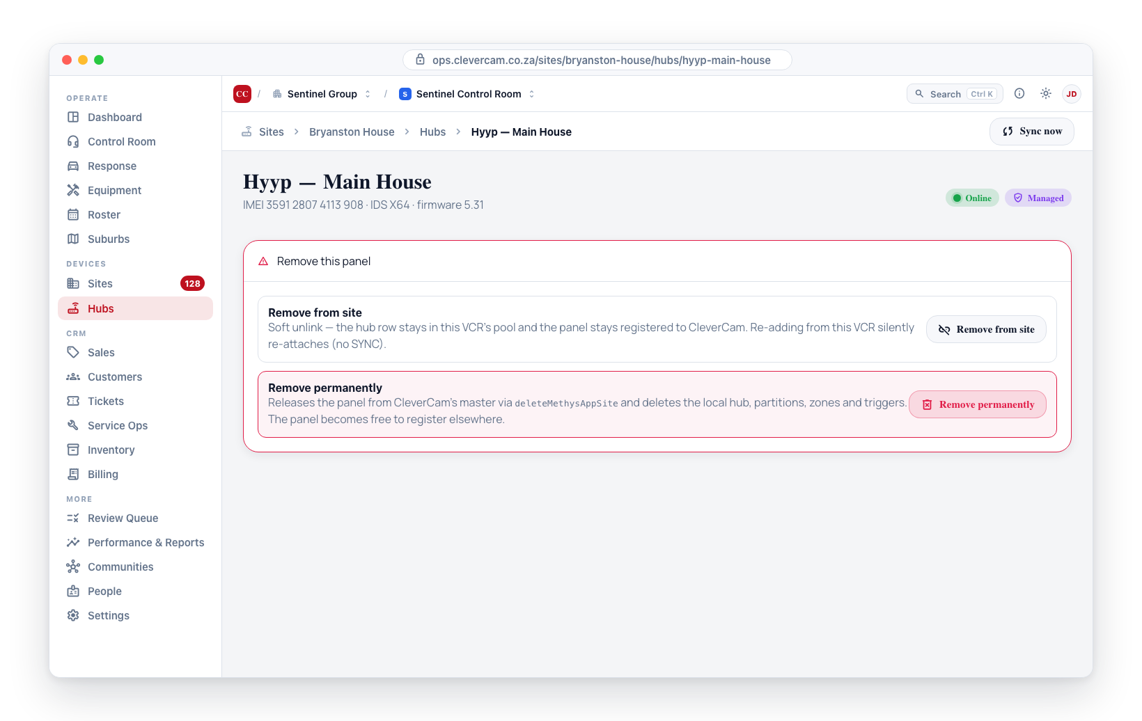 The hub detail removal options — Remove from site (soft unlink) versus Remove permanently (release from CleverCam's master).