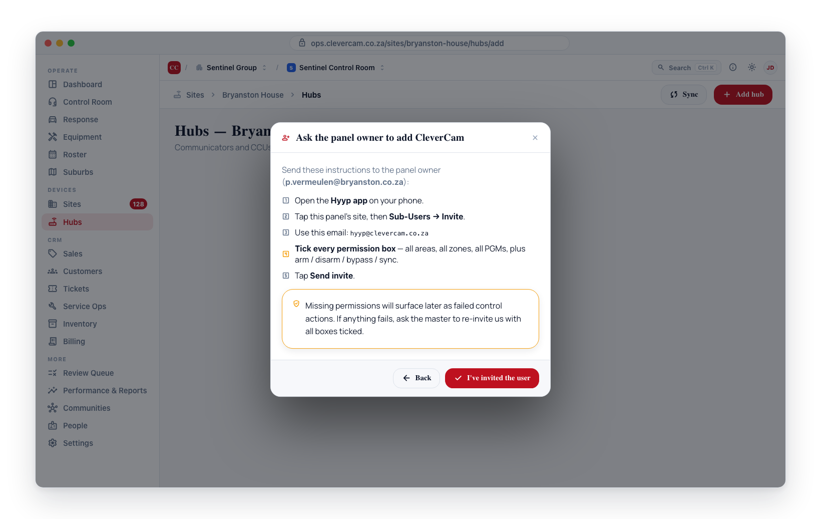 The sub-user invite instructions — the customer's master adds hyyp@clevercam.co.za with every permission ticked.