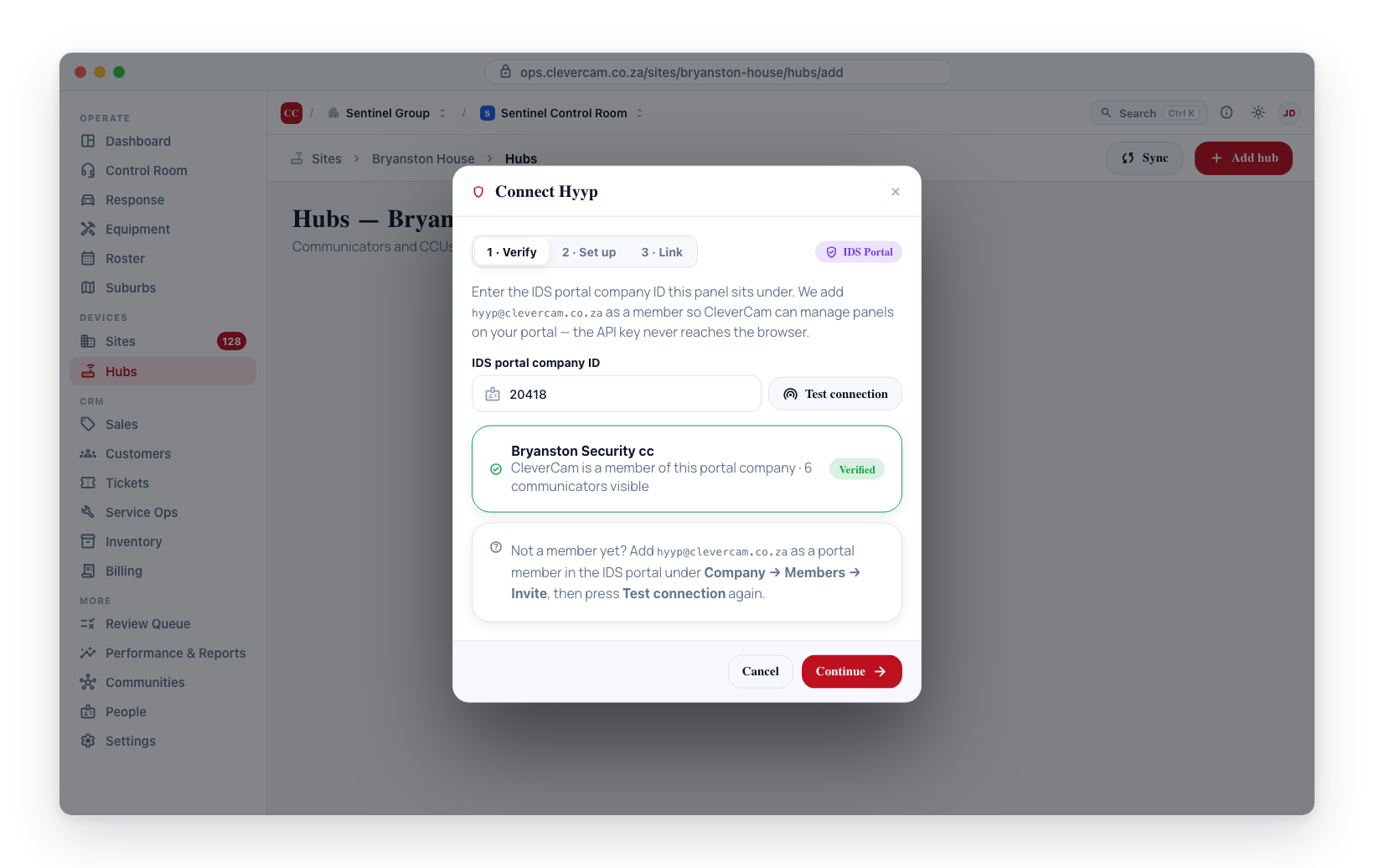 Verify the IDS portal company before continuing — Test connection confirms CleverCam is a member.