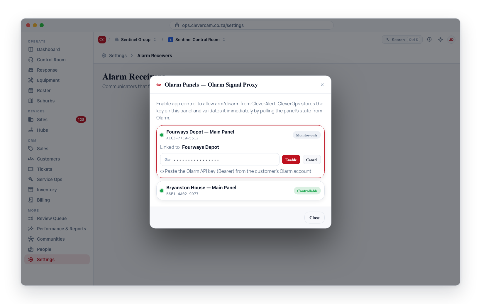 Enabling app control on a panel — paste the Olarm API key and press Save key; CleverOps validates it before flipping the panel to Controllable.