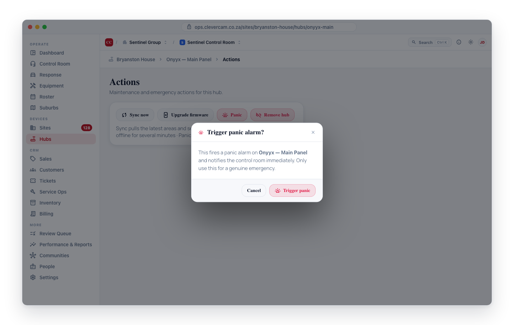The actions bar — Sync now, Upgrade firmware, Panic (with confirmation) and Remove hub.