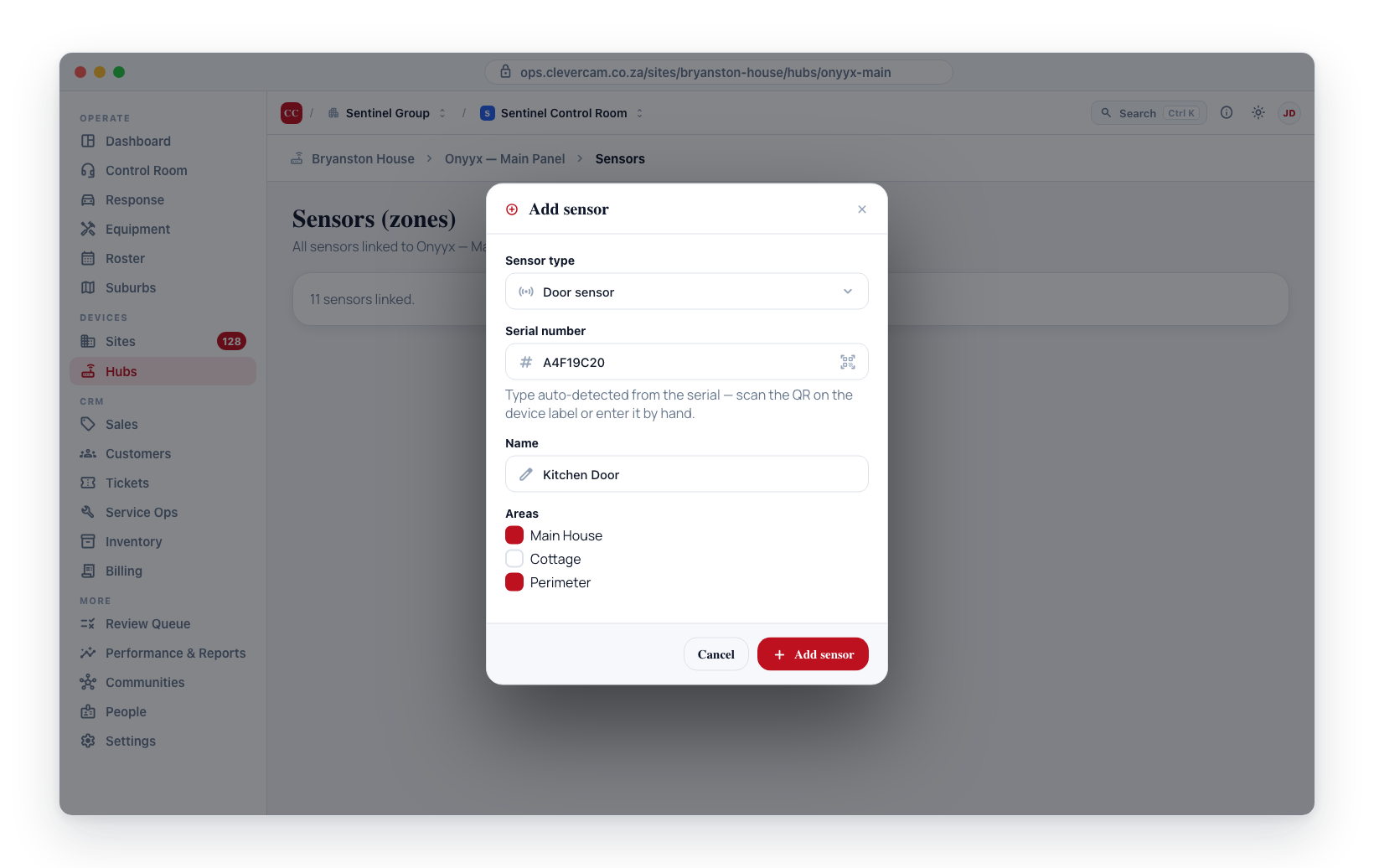 The Add sensor dialog — pick a type, scan or enter the serial, name it, and assign areas.