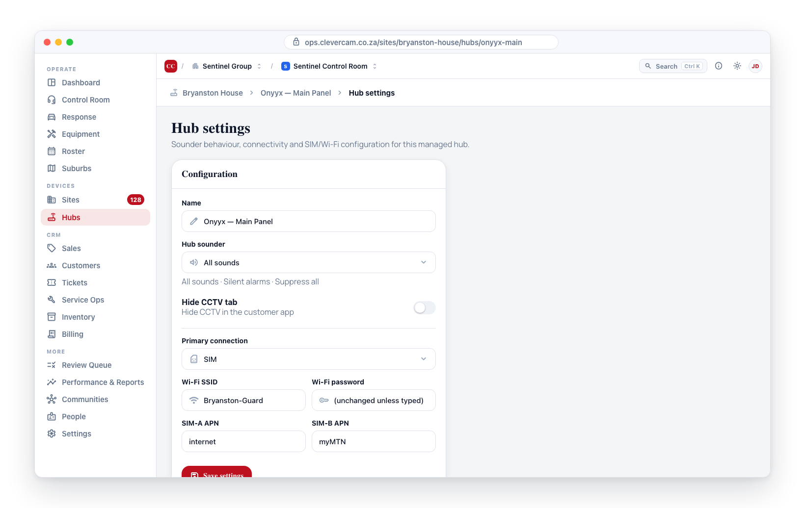 Hub settings — sounder behaviour, CCTV-tab visibility, and SIM/Wi-Fi connectivity.