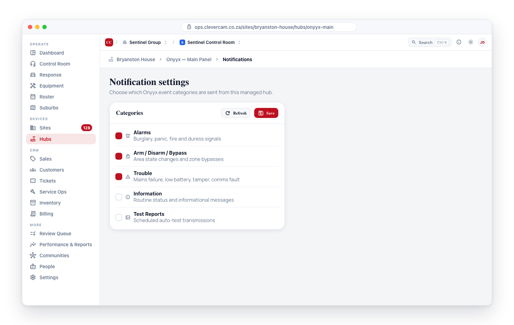 Notification settings — toggle the five Onyyx event categories sent from a managed hub.