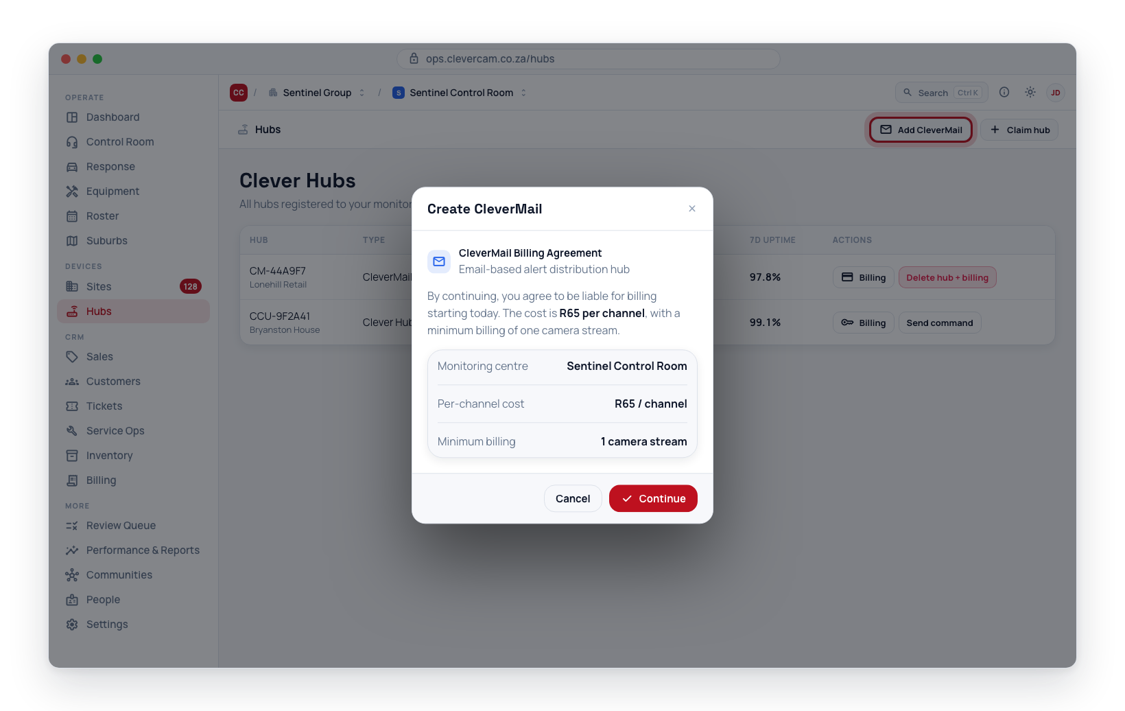 The CleverMail billing agreement dialog before creating the hub.