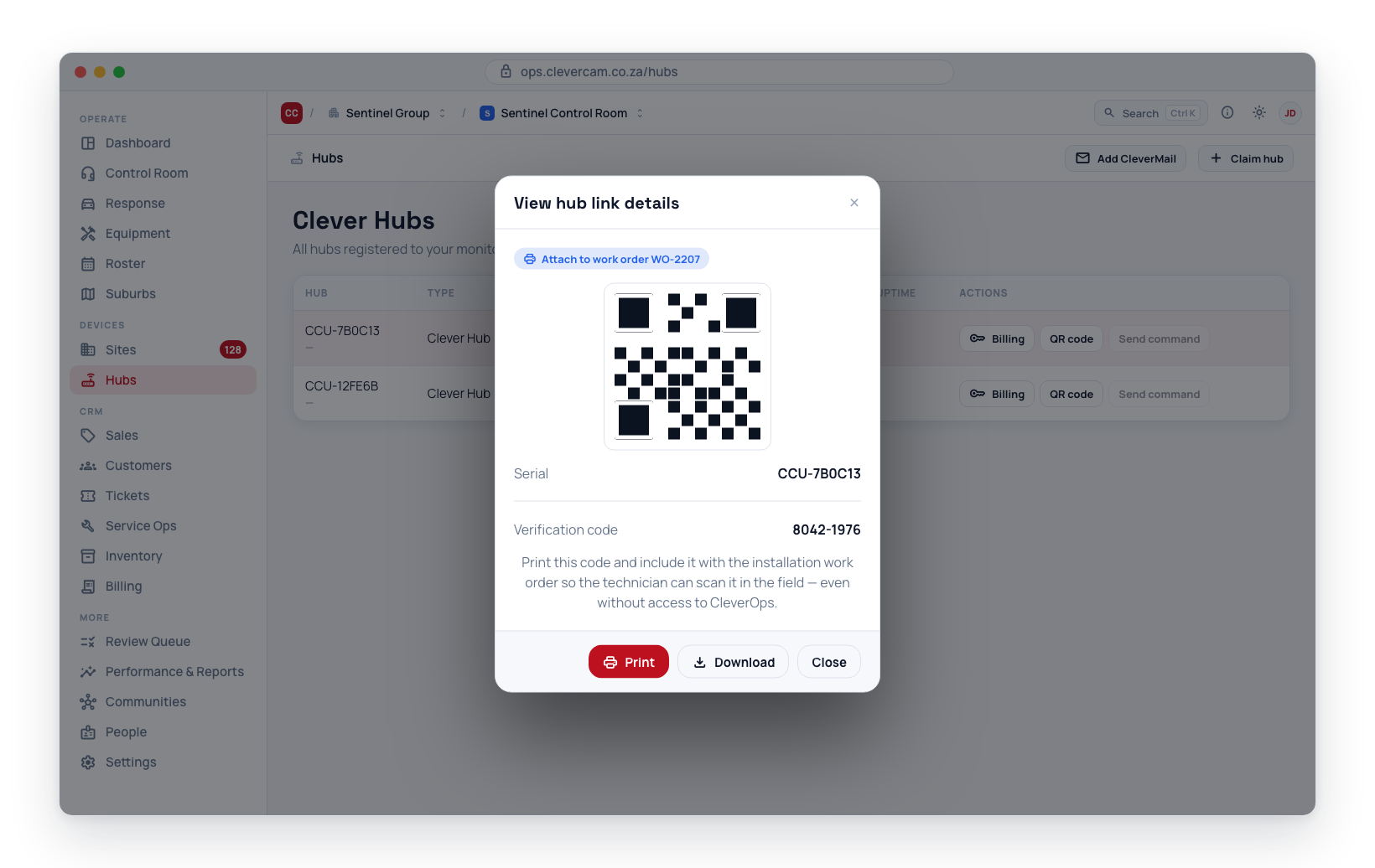 Print the hub QR code to attach to a technician's work order.