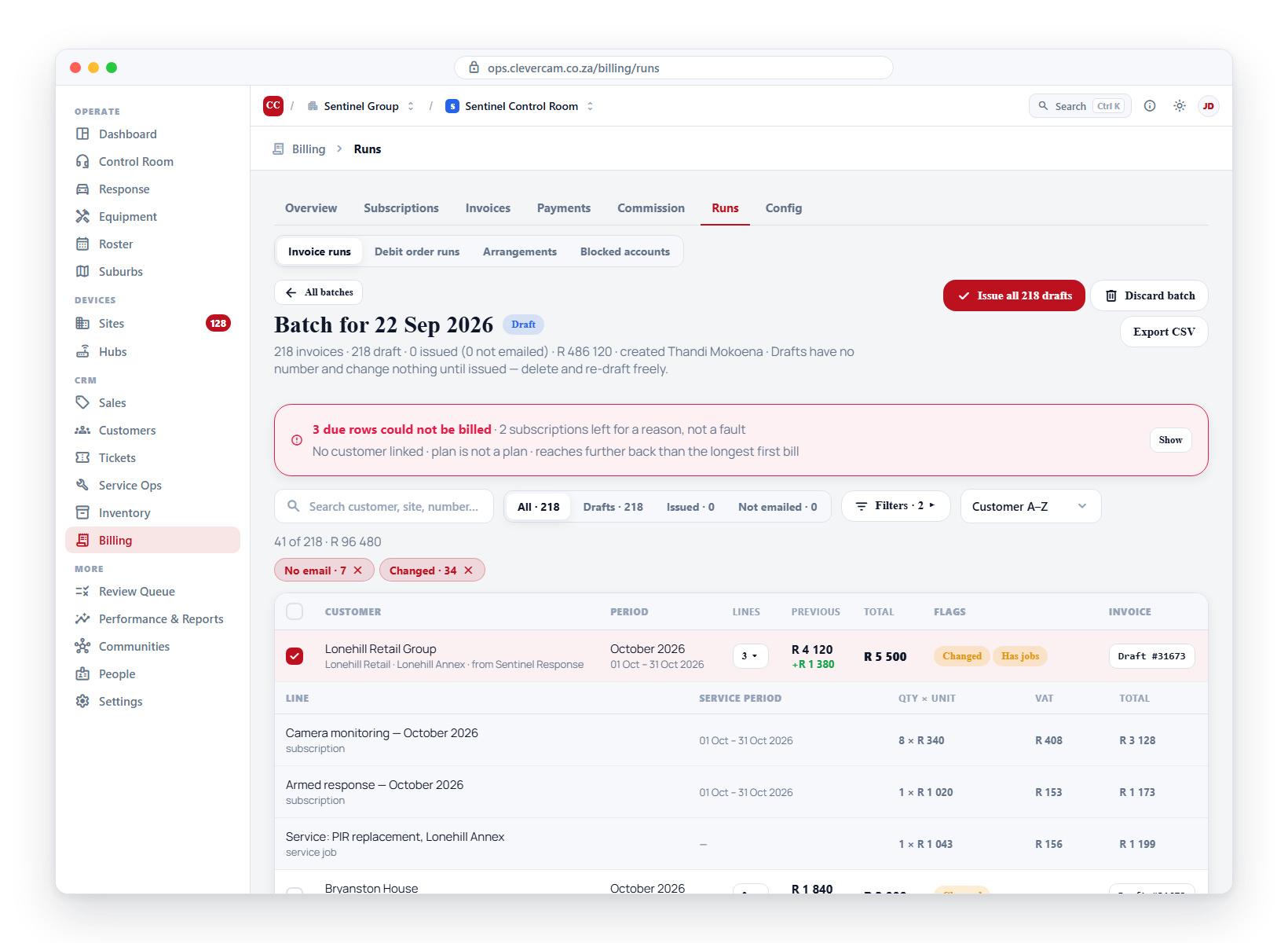 Step 3 — the nightly run consolidates every due subscription into draft invoices.
