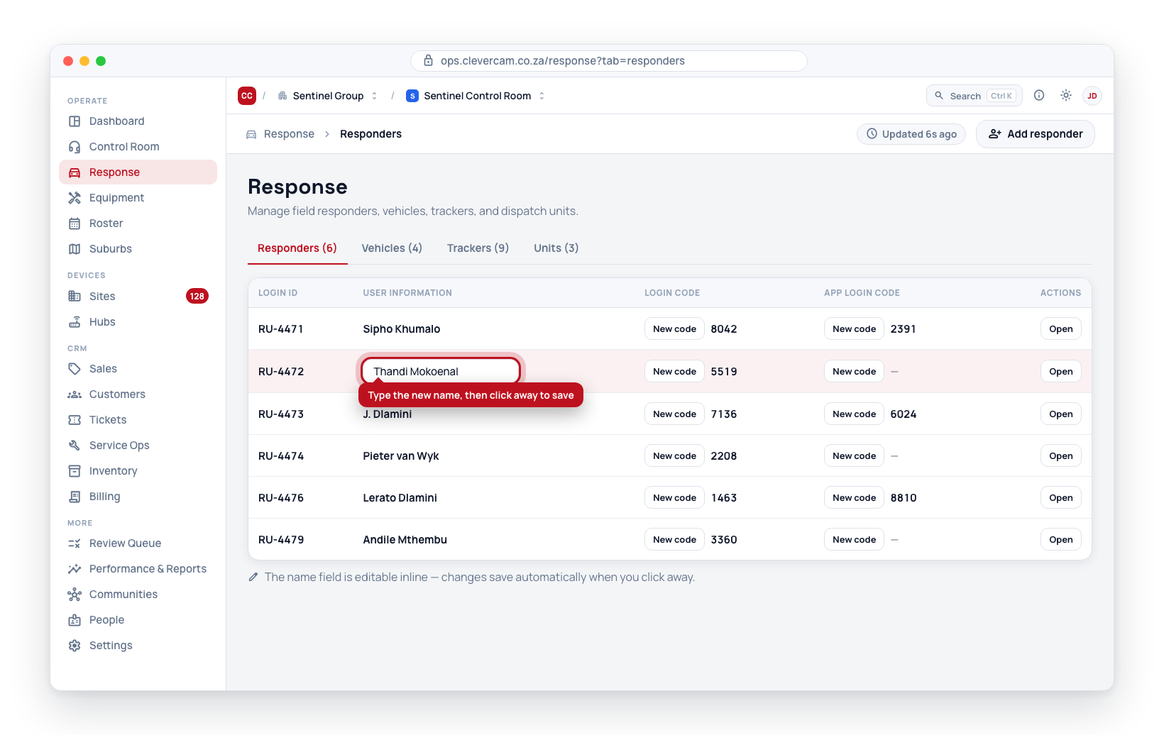 Editing a responder’s name inline in the User Information column — the change saves automatically when you click away.