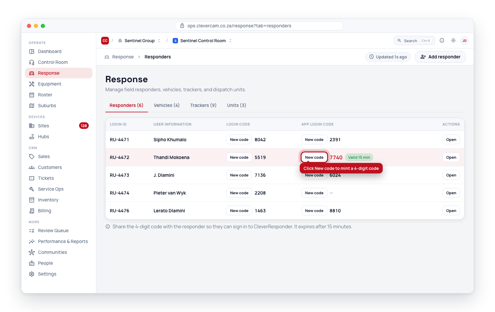 Clicking New code in the App login code column generates a 4-digit code that is valid for 15 minutes.
