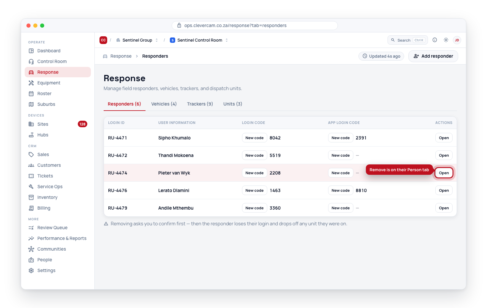 Removing a responder asks for confirmation — the responder's login code stops working once removed.