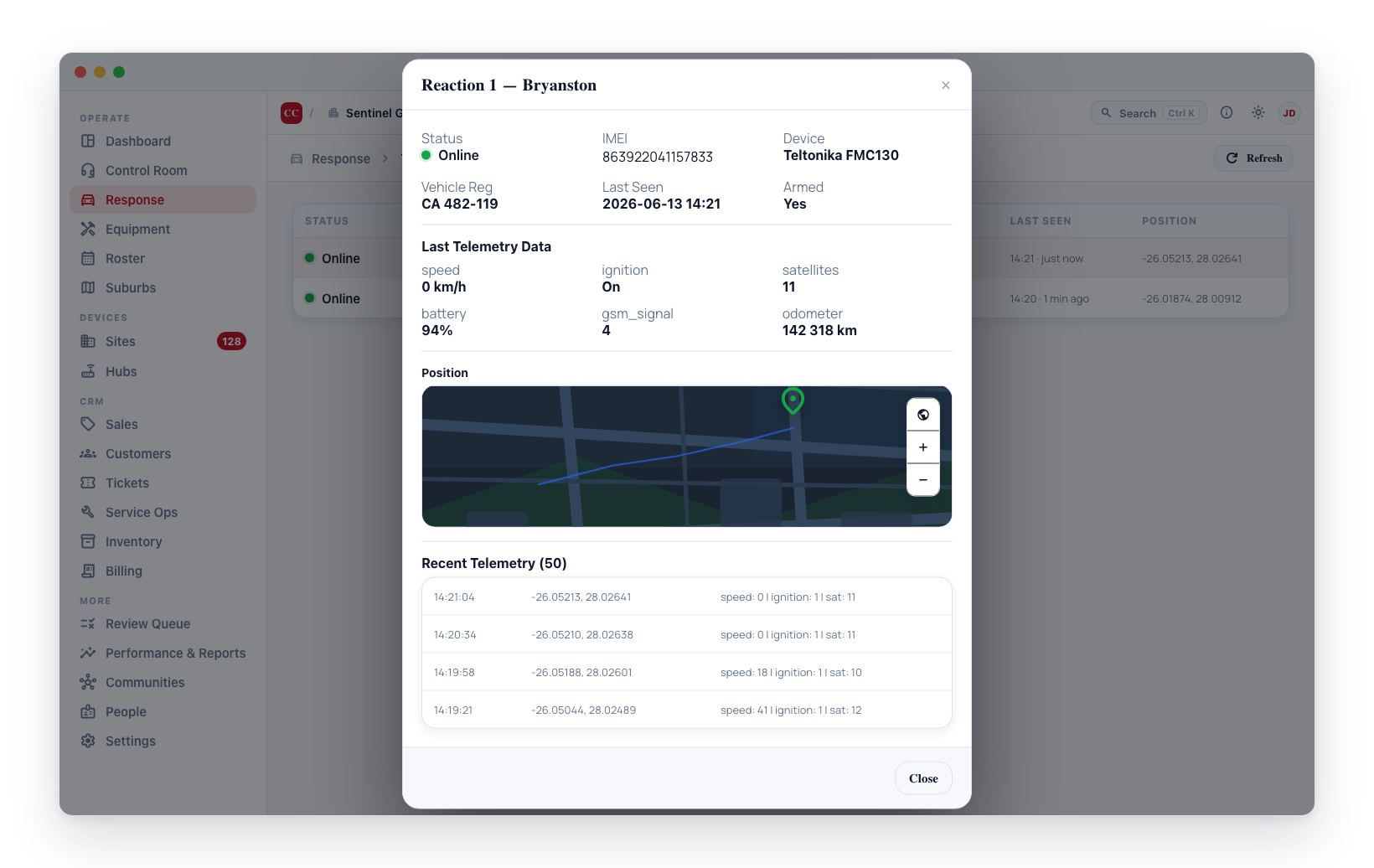 Tracker detail panel: status and device summary, last telemetry data, position map with trail, and recent telemetry history.