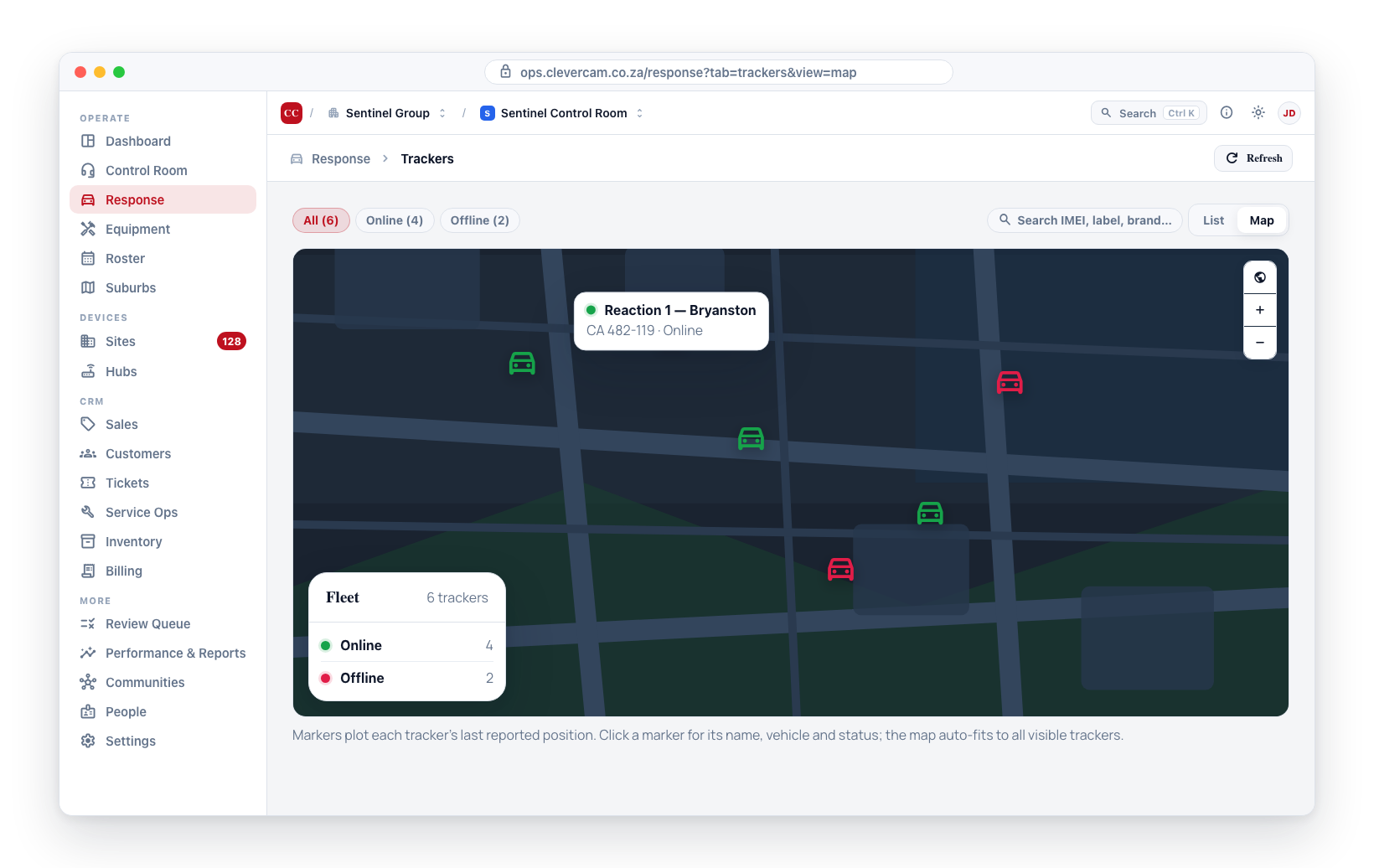 Map view: online (green) and offline (red) tracker markers, with a popup and the satellite toggle.