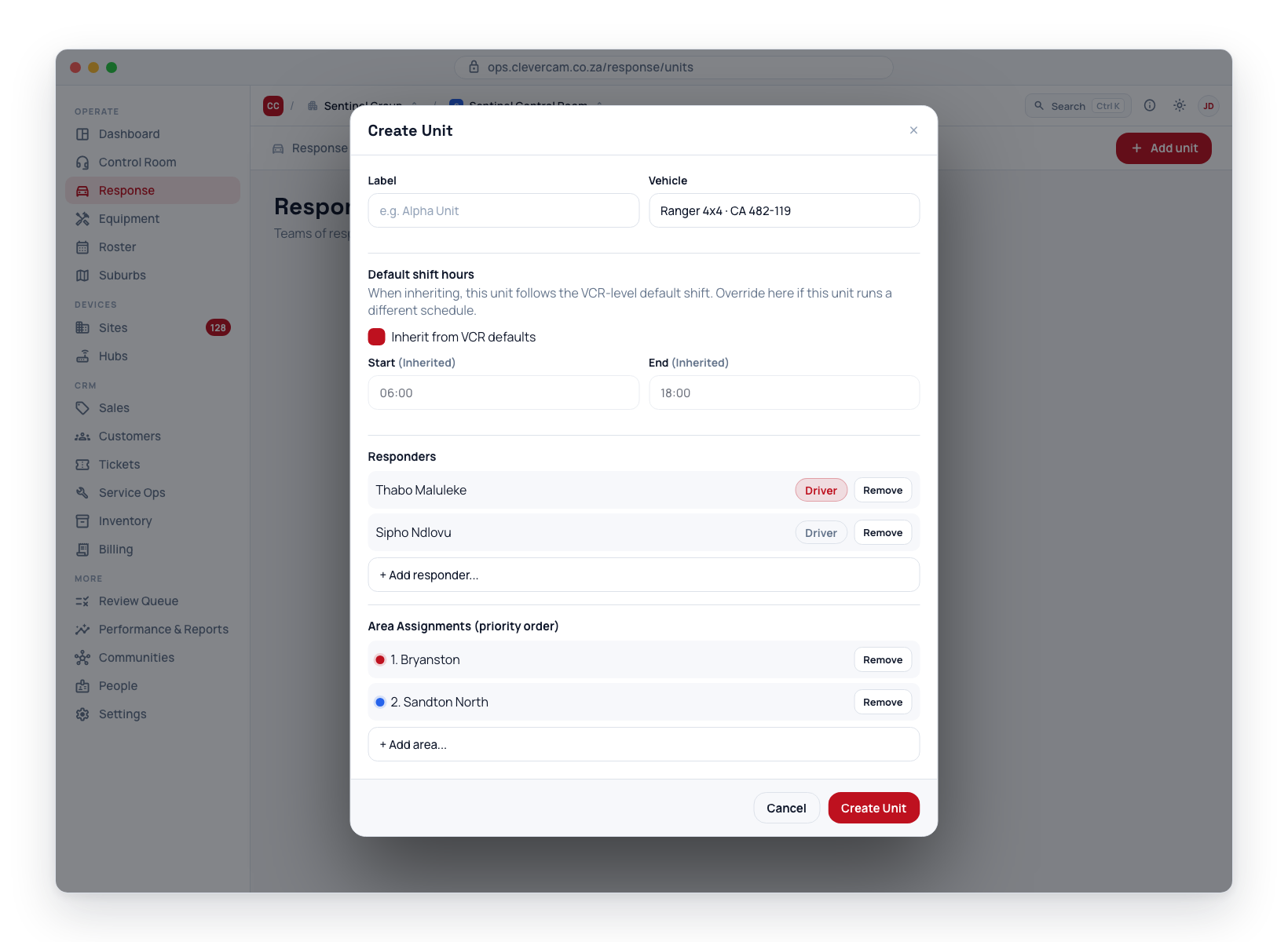 The Create Unit dialog: name, vehicle, duty hours, responders and suburbs.