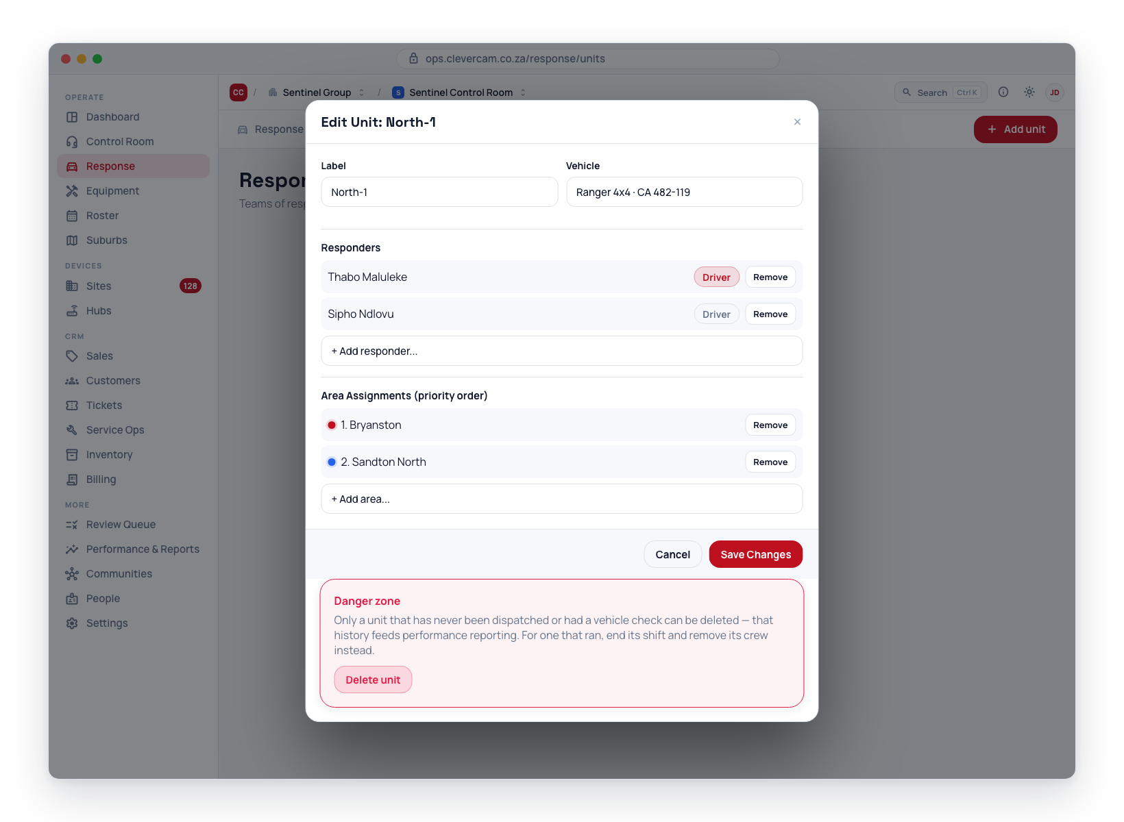 Editing an existing unit: update its vehicle, responders and suburb priority.