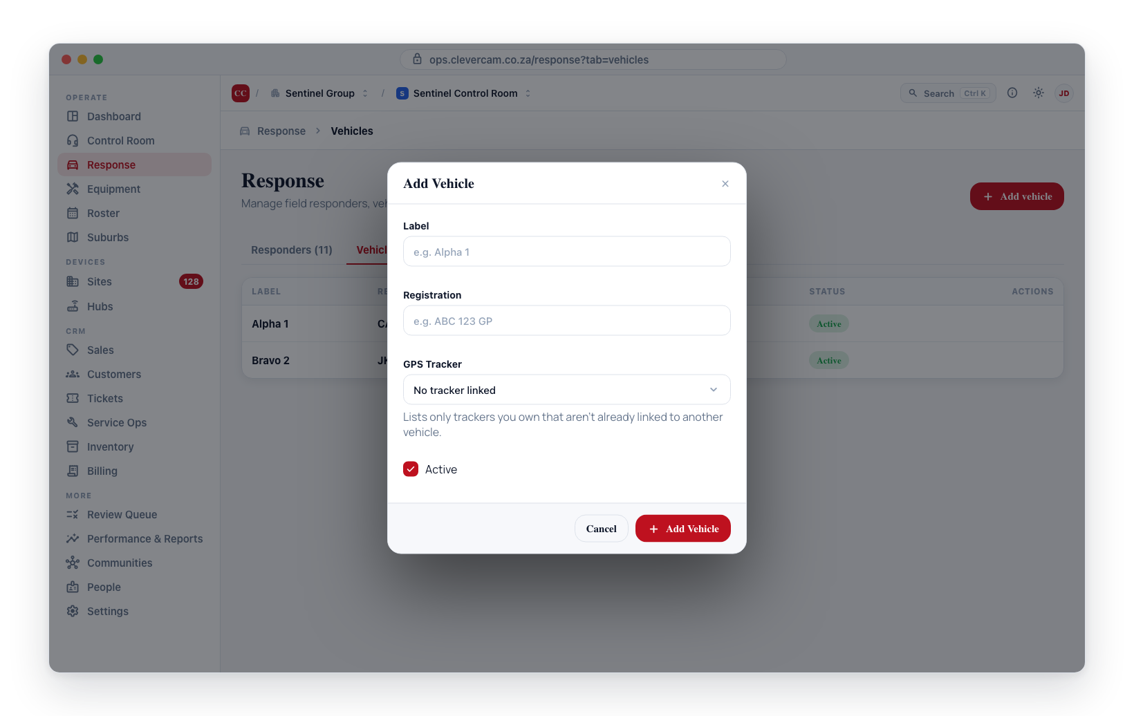 The Add Vehicle dialog: label, registration, GPS tracker, and active toggle.