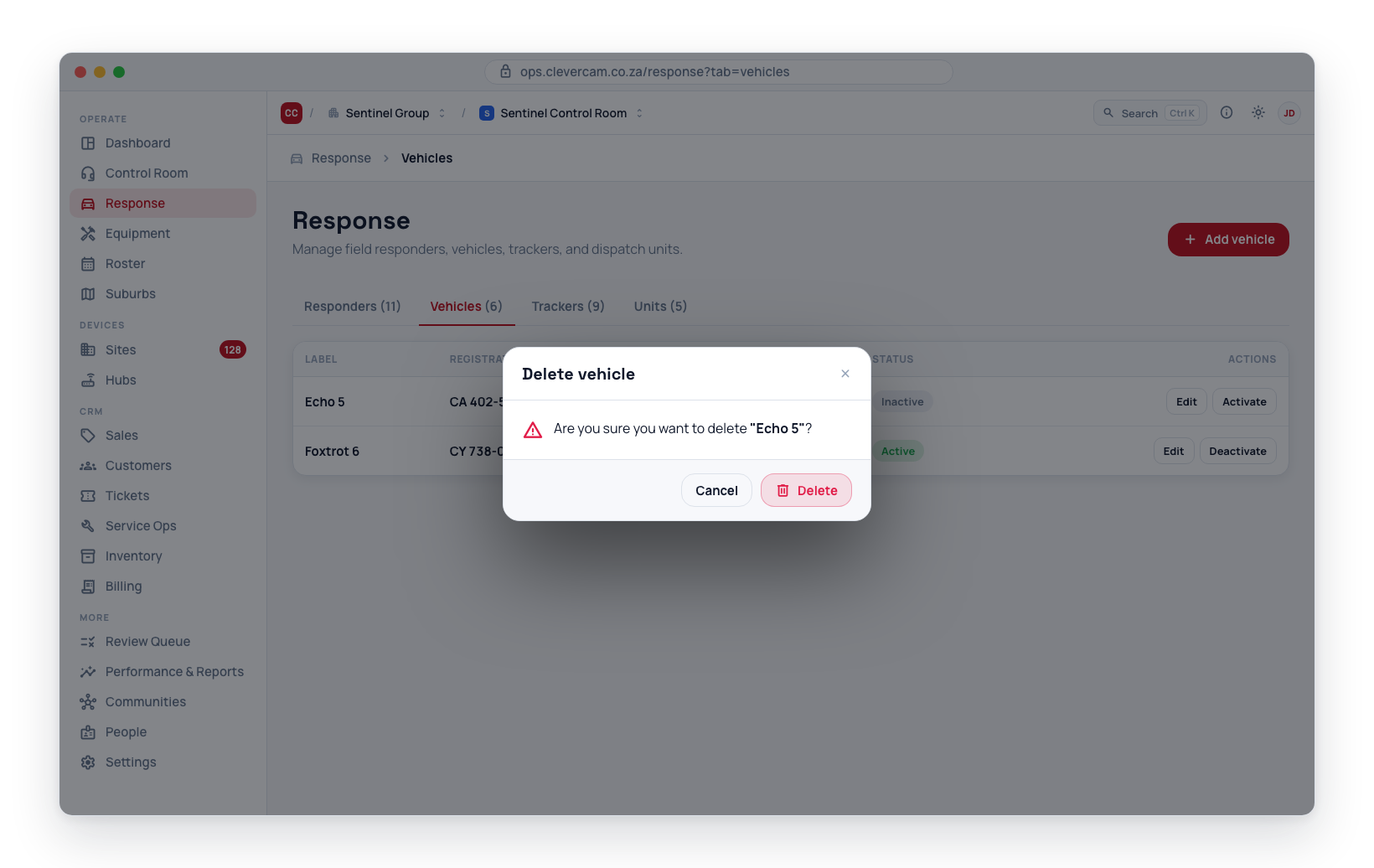 Deleting a vehicle that has history is blocked — CleverOps offers to deactivate it instead so the records are kept.