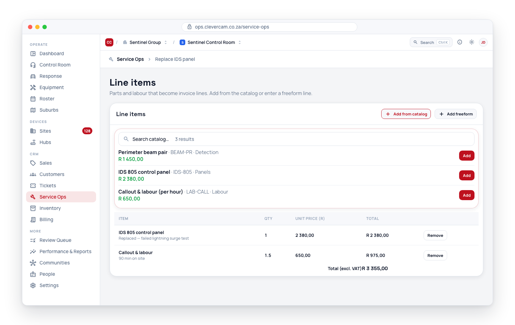 Line items with the catalog picker open — Add from catalog or Add freeform, with a running excl-VAT total.